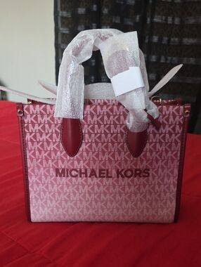 Michael Kors Pink Logo Satchel with Burgundy Trim